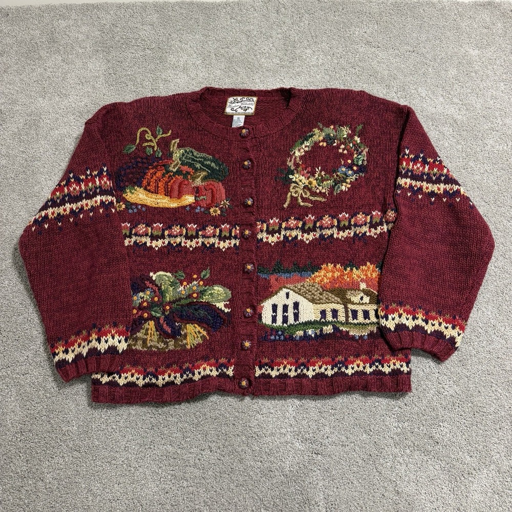 Vintage Heirloom Collectibles Sweater Women Sz XL Burgundy Fall Harvest Pumpkins